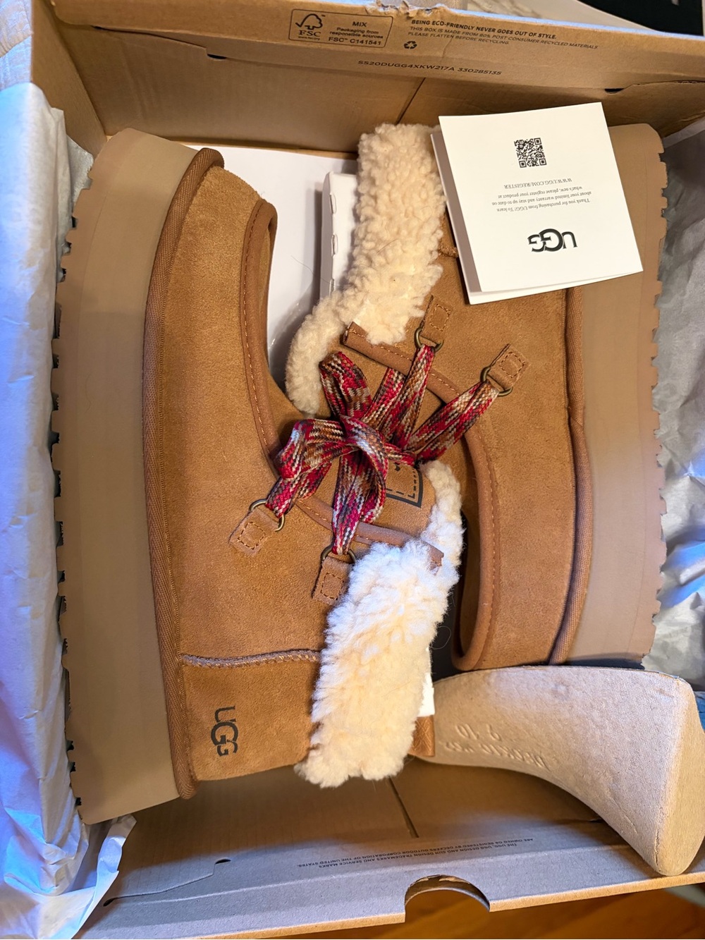 New in box UGG Chestnut Funkarra Cabin Cuff Boot with Red Accent Laces